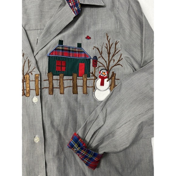 Karen Scott Striped Christmas Holiday Snowman Embroidered Top Blouse Medium‎ - Picture 3 of 8